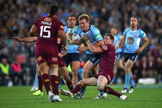 SYDNEY, AUSTRALIA - JUNE 21:  Jake Trbojevic of the Blues is tackled during game two of the State Of Origin series between the New South Wales Blues and the Queensland Maroons at ANZ Stadium on June 21, 2017 in Sydney, Australia.  (Photo by Cameron Spencer/Getty Images)