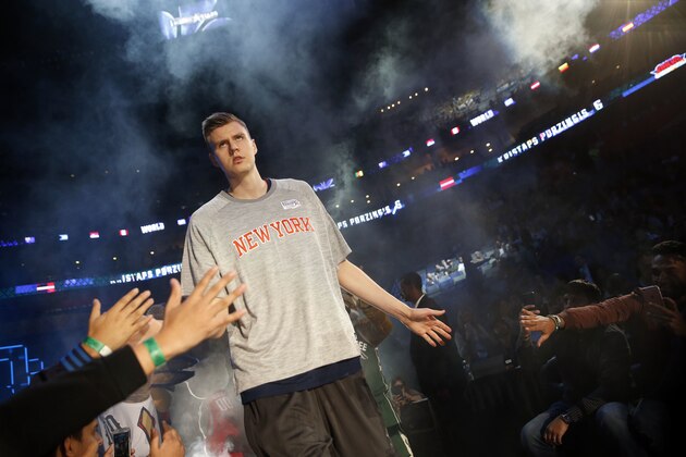 World Team forward Kristaps Porzingis of the New York Knicks is introduced during the Rising Stars Challenge as part of the NBA All Star festivities in New Orleans, Friday, Feb. 17, 2017. (AP Photo/Gerald Herbert)