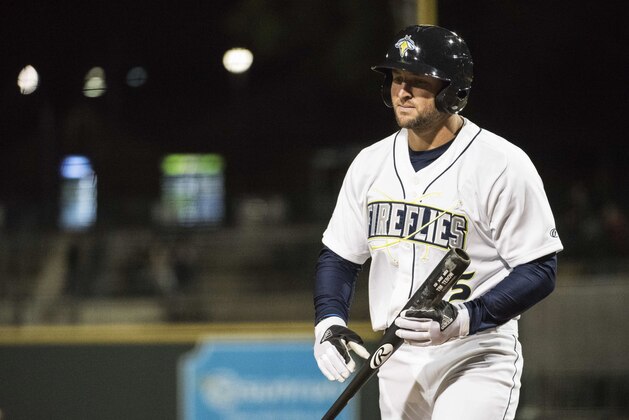 FILE - In this April 6, 2017, file photo, Columbia Fireflies' Tim Tebow returns to the dugout after striking out during the team's minor league baseball game against the Augusta GreenJackets, in Columbia, S.C. The first half of Tebow’s first professional baseball season is complete.  It did not end on a high note. (AP Photo/Sean Rayford, File)