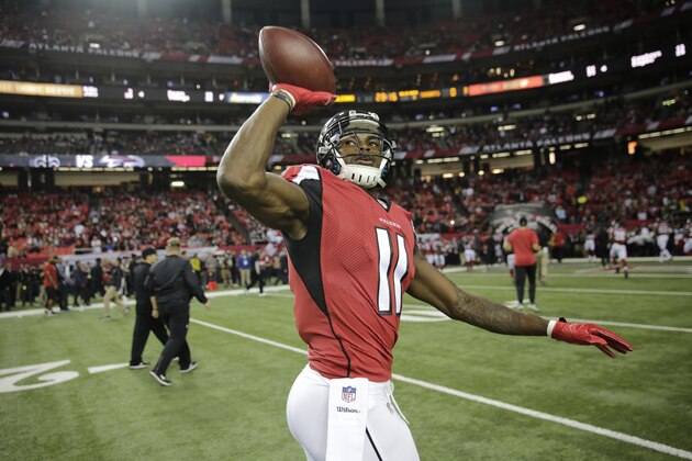 Atlanta Falcons wide receiver Julio Jones (11) warms up before the first half of an NFL football game between the Atlanta Falcons and the New Orleans Saints, Sunday, Jan. 1, 2017, in Atlanta. (AP Photo/David Goldman) Atlanta Falcons wide receiver Julio Jones (11) warms up before the first half of an NFL football game between the Atlanta Falcons and the New Orleans Saints, Sunday, Jan. 1, 2017, in Atlanta. (AP Photo/David Goldman)