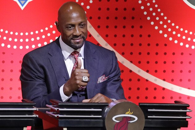 Miami Heat Vice President of Player Progams Alonzo Mourning gestures as he is announced during the NBA basketball draft lottery, Tuesday, May 16, 2017, in New York. (AP Photo/Frank Franklin II)