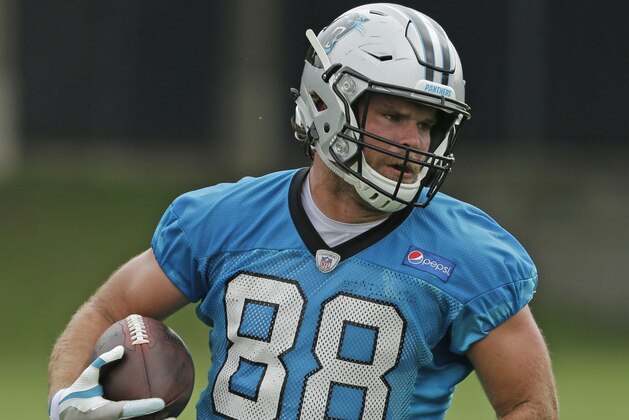 Carolina Panthers' Greg Olsen (88) runs after a catch in practice during the NFL football team's organized team activities in Charlotte, N.C., Tuesday, May 30, 2017. (AP Photo/Chuck Burton) Carolina Panthers' Greg Olsen (88) runs after a catch in practice during the NFL football team's organized team activities in Charlotte, N.C., Tuesday, May 30, 2017. (AP Photo/Chuck Burton)