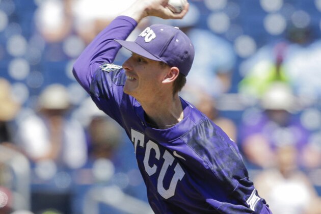 TCU pitcher Brian Howard throws in the fourth inning of an NCAA College World Series baseball elimination game against Texas A&M in Omaha, Neb., Tuesday, June 20, 2017. (AP Photo/Nati Harnik)