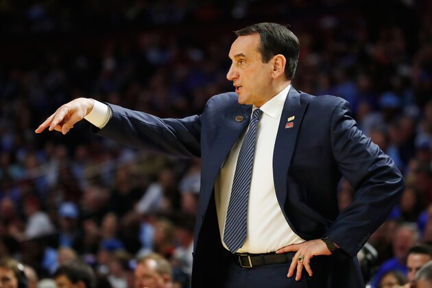 GREENVILLE, SC - MARCH 19:  Head coach Mike Krzyzewski of the Duke Blue Devils reacts in the first half against the South Carolina Gamecocks during the second round of the 2017 NCAA Men's Basketball Tournament at Bon Secours Wellness Arena on March 19, 2017 in Greenville, South Carolina.  (Photo by Gregory Shamus/Getty Images)