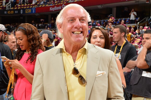 CLEVELAND, OH - JUNE 11:  WWE Wrestling Legend Ric Flair smiles prior to the Cleveland Cavaliers against the Golden State Warriors at the Quicken Loans Arena During Game Four of the 2015 NBA Finals on June 11, 2015 in Cleveland,Ohio NOTE TO USER: User expressly acknowledges and agrees that, by downloading and/or using this Photograph, user is consenting to the terms and conditions of the Getty Images License Agreement. Mandatory Copyright Notice: Copyright 2015 NBAE (Photo by Jesse D. Garrabrant/NBAE via Getty Images)