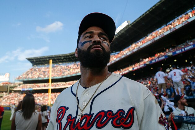 Oct 2, 2016; Atlanta, GA, USA; Atlanta Braves left fielder Matt Kemp (27) after a game against the Detroit Tigers at Turner Field. The Braves defeated the Tigers 1-0. Mandatory Credit: Brett Davis-USA TODAY Sports