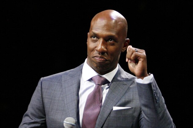 Feb 10, 2016; Auburn Hills, MI, USA; Chauncey Billups gives a speech during his halftime retirement ceremony in the game between the Detroit Pistons and the Denver Nuggets at The Palace of Auburn Hills. The Nuggets won 103-92.  Mandatory Credit: Raj Mehta-USA TODAY Sports