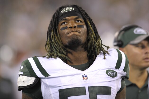 New York Jets outside linebacker Lorenzo Mauldin (55) watches from the sidelines during the third quarter of an NFL football game against the Jacksonville Jaguars, Thursday, Aug. 11, 2016, in East Rutherford, N.J. (AP Photo/Bill Kostroun)