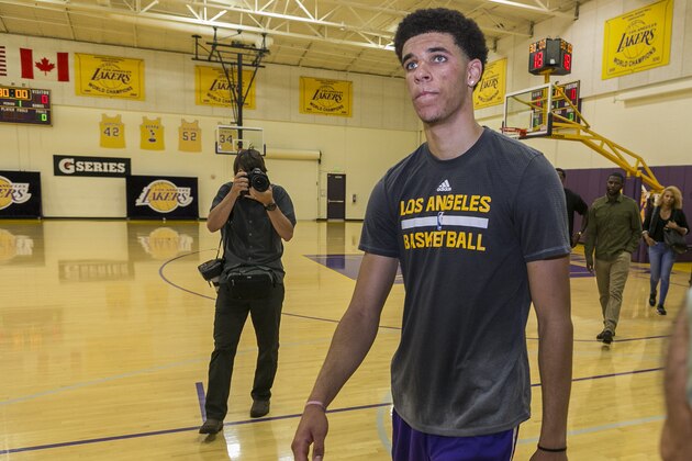 University of California Los Angeles guard Lonzo Ball is seen after a closed Los Angeles Lakes pre-draft workout in El Segundo, Calif., Wednesday, Jun. 7, 2017. (AP Photo/Damian Dovarganes)