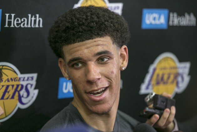FILE - In this June 7, 2017, file photo, University of California Los Angeles guard Lonzo Ball takes questions from the media after a closed Los Angeles Lakes pre-draft workout in El Segundo, Calif. By now the entire basketball world knows Lonzo Ball is a singular talent with a unique parent. (AP Photo/Damian Dovarganes, File)