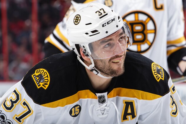 OTTAWA, ON - APRIL 21: Patrice Bergeron #37 of the Boston Bruins looks on during a stoppage in play against the Ottawa Senators in Game Five of the Eastern Conference First Round during the 2017 NHL Stanley Cup Playoffs at Canadian Tire Centre on April 21, 2017 in Ottawa, Ontario, Canada.  (Photo by Jana Chytilova/Freestyle Photography/Getty Images) *** Local Caption ***