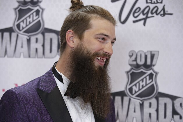 San Jose Sharks' Brent Burns poses before the NHL Awards, Wednesday, June 21, 2017, in Las Vegas. (AP Photo/John Locher)