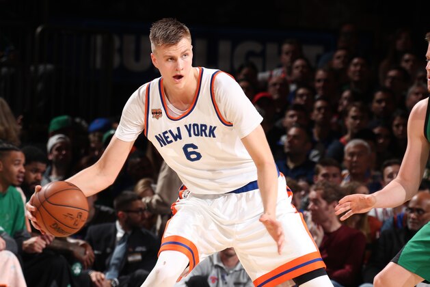 NEW YORK, NY - APRIL 2:  Kristaps Porzingis #6 of the New York Knicks handles the ball during a game against the Boston Celtics on April 2, 2017 at Madison Square Garden in New York City, New York.  NOTE TO USER: User expressly acknowledges and agrees that, by downloading and/or using this photograph, user is consenting to the terms and conditions of the Getty Images License Agreement. Mandatory Copyright Notice: Copyright 2017 NBAE (Photo by Nathaniel S. Butler/NBAE via Getty Images)