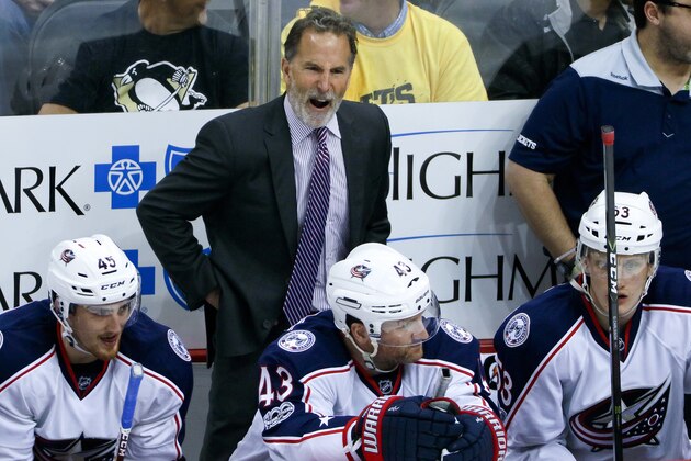 Columbus Blue Jackets head coach John Tortorella has words for a referee during the third period in Game 5 of an NHL first-round hockey playoff series against the Pittsburgh Penguins in Pittsburgh, Thursday, April 20, 2017. The Penguins won the game 5-2, to take the series 4 games to 1.(AP Photo/Gene J. Puskar)
