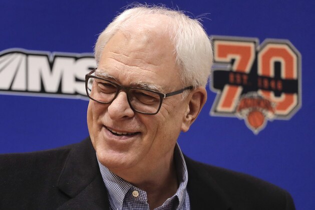 New York Knicks president Phil Jackson answers questions during a news conference at the team's training facility, Friday, April 14, 2017, in Greenburgh, N.Y. (AP Photo/Julie Jacobson)