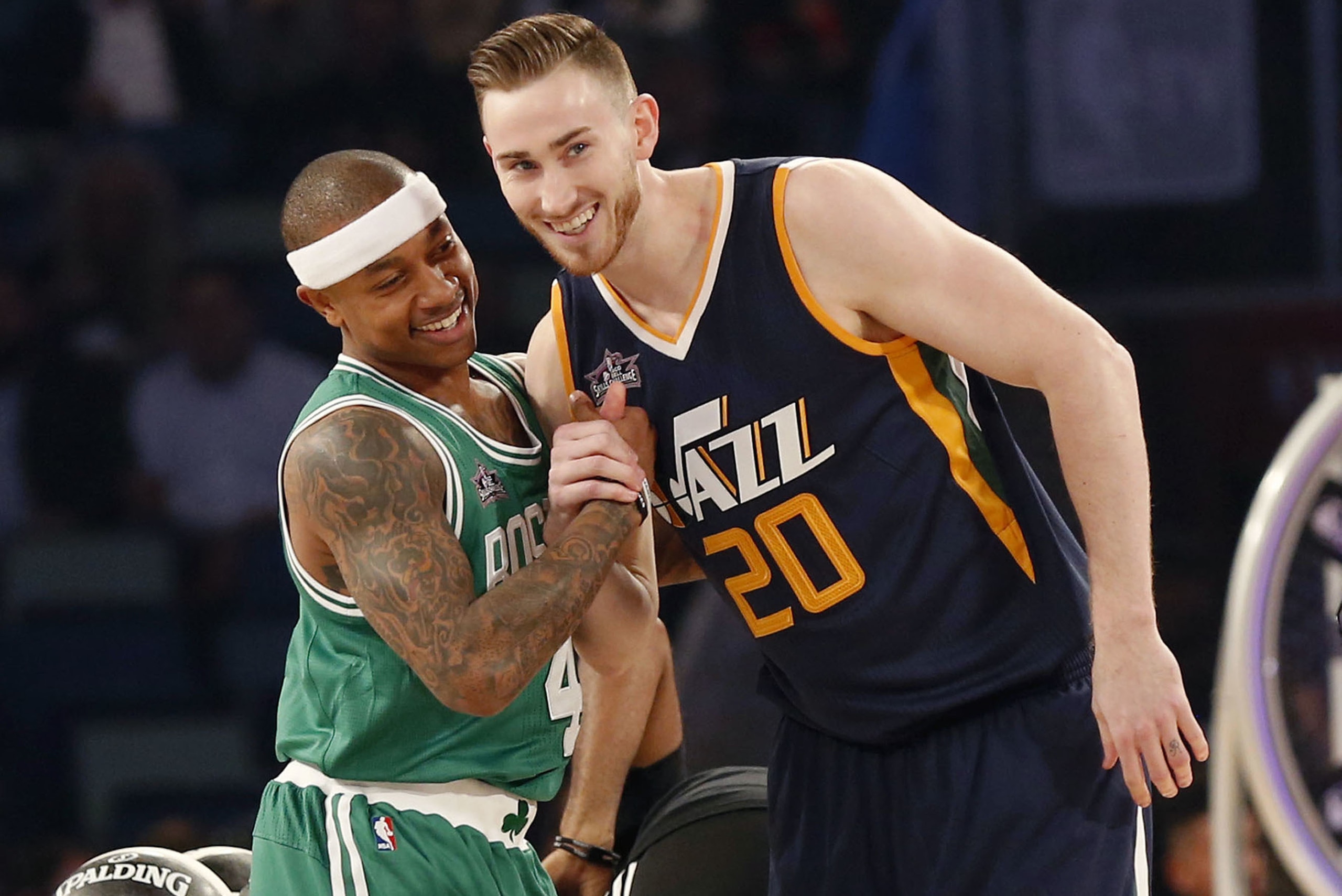 Boston Celtics' Isaiah Thomas (4) clasps hands with Utah Jazz's Gordon Hayward after the skills competition during NBA All-Star Saturday Night in New Orleans, Saturday, Feb. 18, 2017. (AP Photo/Gerald Herbert)