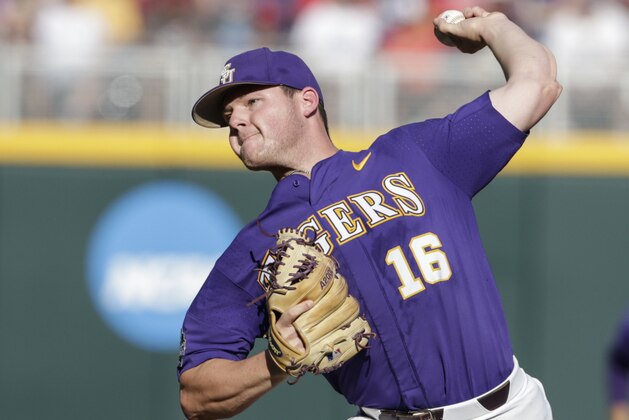 LSU pitcher Jared Poche' works against Florida State during the first inning of an NCAA College World Series baseball game in Omaha, Neb., Wednesday, June 21, 2017. (AP Photo/Nati Harnik) LSU pitcher Jared Poche' works against Florida State during the first inning of an NCAA College World Series baseball game in Omaha, Neb., Wednesday, June 21, 2017. (AP Photo/Nati Harnik)