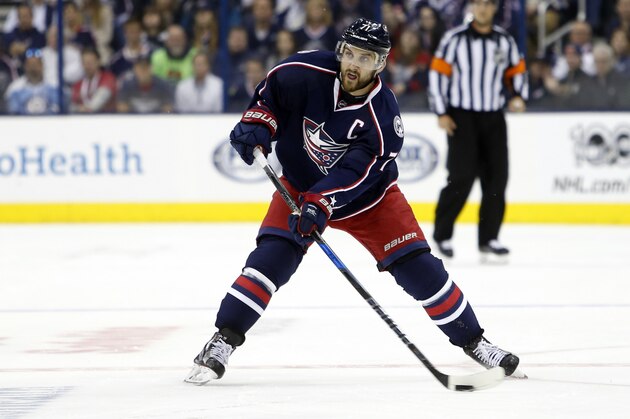 Columbus Blue Jackets' Nick Foligno plays against the Pittsburgh Penguins during Game 4 of an NHL first-round hockey playoff series Tuesday, April 18, 2017, in Columbus, Ohio. The Blue Jackets beat the Penguins 5-4. (AP Photo/Jay LaPrete)