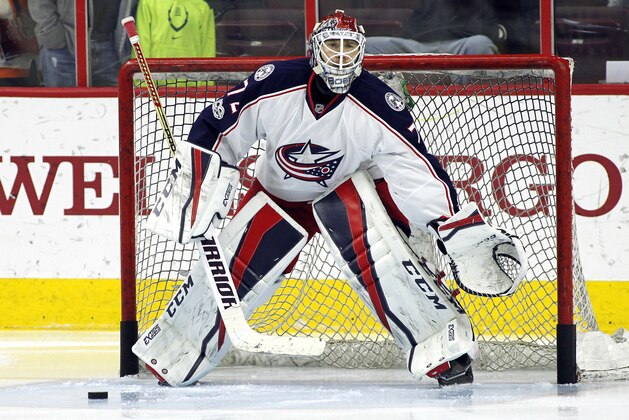 Columbus Blue Jackets Sergei Bobrovsky before the start of an NHL hockey game, Saturday, April 8, 2017 in Philadelphia.  (AP Photo/Tom Mihalek)