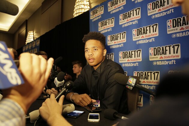 NEW YORK - JUNE 21: NBA Draft Prospect, Markelle Fultz speaks to the media during media availability as part of the 2017 NBA Draft on June 21, 2017 at the Grand Hyatt New York in New York City. NOTE TO USER: User expressly acknowledges and agrees that, by downloading and/or using this photograph, user is consenting to the terms and conditions of the Getty Images License Agreement.  Mandatory Copyright Notice: Copyright 2017 NBAE (Photo by Steven Freeman/NBAE via Getty Images)