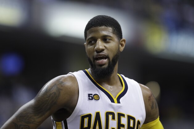 Indiana Pacers' Paul George in action during the second half of an NBA basketball game against the Atlanta Hawks, Wednesday, April 12, 2017, in Indianapolis. Indiana defeated Atlanta 104-86. (AP Photo/Darron Cummings)