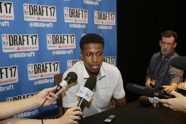 NEW YORK - JUNE 21: NBA Draft Prospect, Frank Ntilikina speaks to the media during media availability as part of the 2017 NBA Draft on June 21, 2017 at the Grand Hyatt New York in New York City. NOTE TO USER: User expressly acknowledges and agrees that, by downloading and/or using this photograph, user is consenting to the terms and conditions of the Getty Images License Agreement.  Mandatory Copyright Notice: Copyright 2017 NBAE (Photo by Steven Freeman/NBAE via Getty Images)