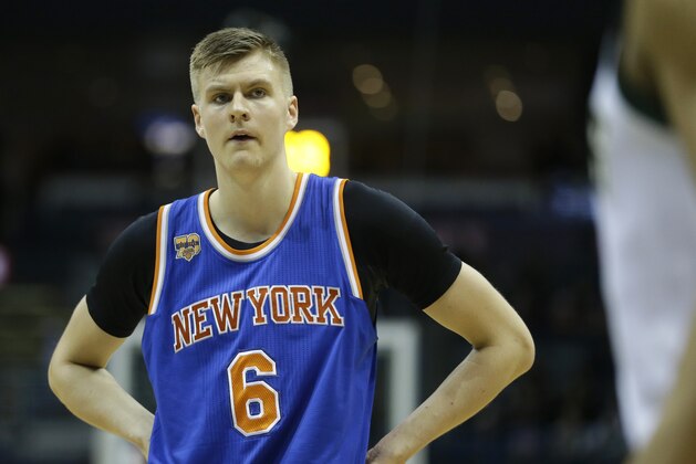 New York Knicks' Kristaps Porzingis during the first half of an NBA basketball game against the Milwaukee Bucks Wednesday, March 8, 2017, in Milwaukee. (AP Photo/Aaron Gash)