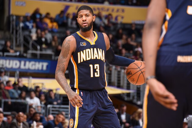 LOS ANGELES, CA - JANUARY 20:  Paul George #13 of the Indiana Pacers handles the ball against the Los Angeles Lakers on January 20, 2017 at STAPLES Center in Los Angeles, California. NOTE TO USER: User expressly acknowledges and agrees that, by downloading and/or using this Photograph, user is consenting to the terms and conditions of the Getty Images License Agreement. Mandatory Copyright Notice: Copyright 2017 NBAE (Photo by Andrew D. Bernstein/NBAE via Getty Images)