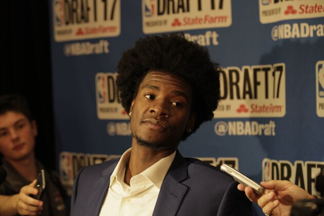 NEW YORK - JUNE 21: NBA Draft Prospect, Josh Jackson speaks to the media during media availability as part of the 2017 NBA Draft on June 21, 2017 at the Grand Hyatt New York in New York City. NOTE TO USER: User expressly acknowledges and agrees that, by downloading and/or using this photograph, user is consenting to the terms and conditions of the Getty Images License Agreement.  Mandatory Copyright Notice: Copyright 2017 NBAE (Photo by Steven Freeman/NBAE via Getty Images)