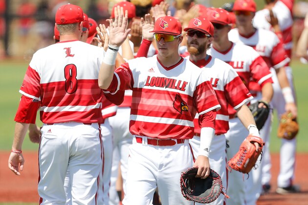 LOUISVILLE, KY - JUNE 09:  Brendan McKay of the Louisville Cardinals high fives teammates after defeating the Kentucky Wildcats during the 2017 NCAA Division I Men's Baseball Super Regional at Jim Patterson Stadium on June 9, 2017 in Louisville, Kentucky.  (Photo by Michael Reaves/Getty Images)