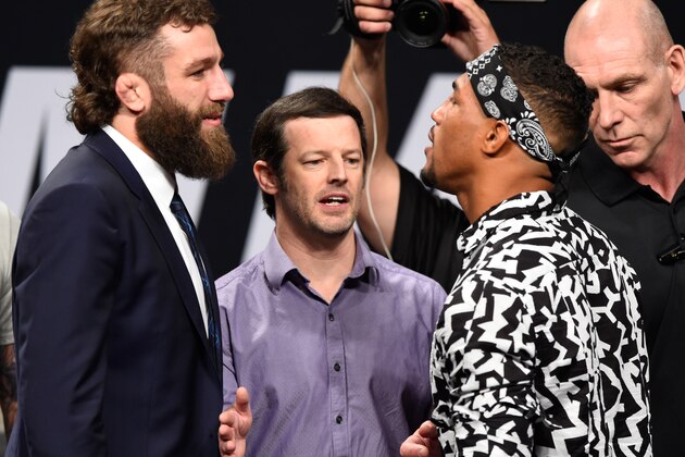 DALLAS, TX - MAY 12:  (L-R) Michael Chiesa and Kevin Lee face off during the UFC Summer Kickoff Press Conference at the American Airlines Center on May 12, 2017 in Dallas, Texas. (Photo by Josh Hedges/Zuffa LLC/Zuffa LLC via Getty Images)