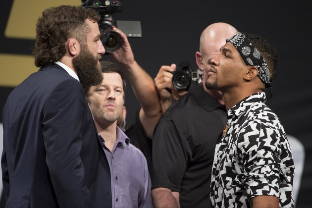 DALLAS, TX - MAY 12: Michael Chiesa faces off with Kevin Lee during the UFC Summer Kickoff Press Conference at the American Airlines Center on May 12, 2017 in Dallas, Texas. (Photo by Cooper Neill/Zuffa LLC/Zuffa LLC via Getty Images)