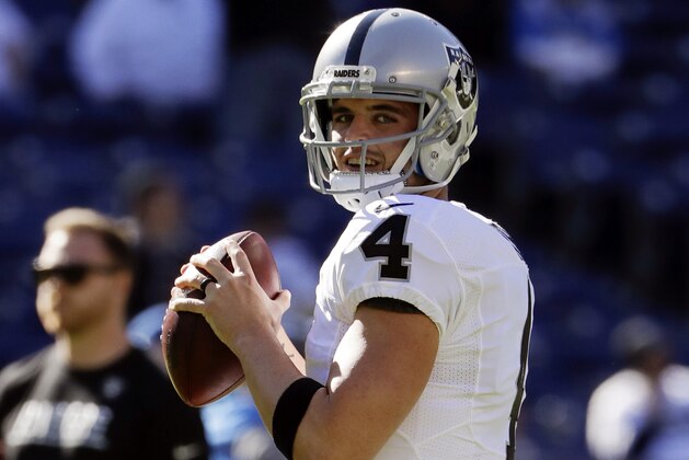 Derek Carr, quarterback de los Raiders de Oakland, calienta antes del partido del domingo 18 de diciembre de 2016, ante los Chargers de San Diego (AP Foto/Alex Gallardo)