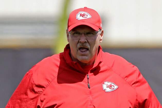 Kansas City Chiefs head coach Andy Reid watches during the team's organized team activity at its NFL football training facility Tuesday, May 23, 2017, in Kansas City, Mo. (AP Photo/Charlie Riedel)