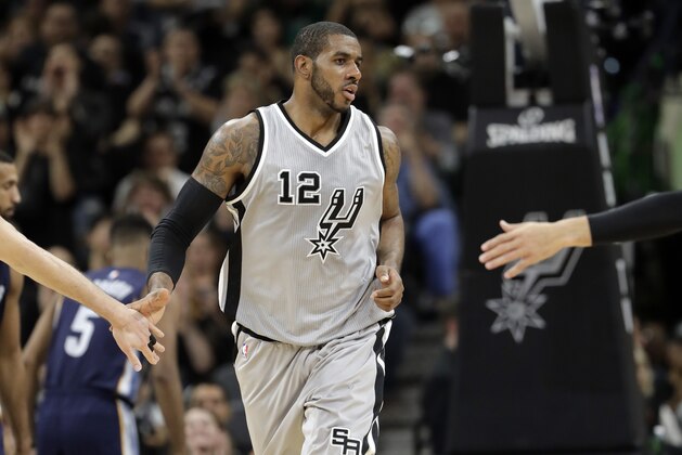 San Antonio Spurs forward LaMarcus Aldridge (12) during Game 1 of a first-round NBA basketball playoff series against the Memphis Grizzlies, Saturday, April 15, 2017, in San Antonio. (AP Photo/Eric Gay)