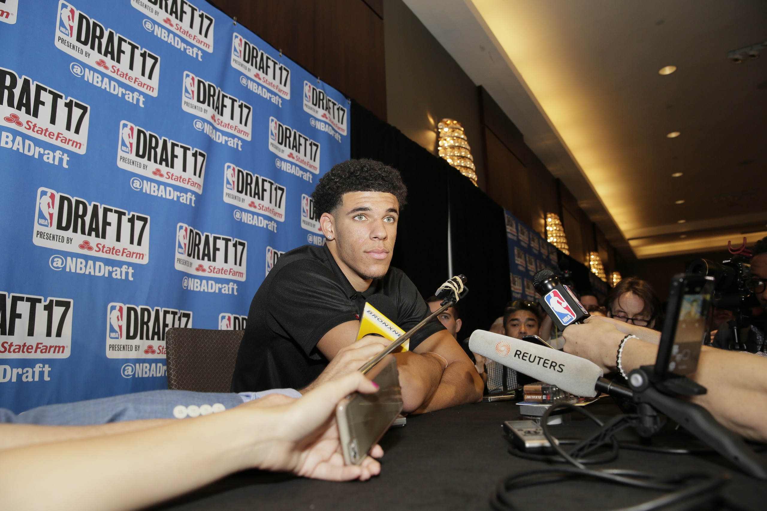 NEW YORK - JUNE 21: NBA Draft Prospect, Lonzo Ball speaks to the media during media availability as part of the 2017 NBA Draft on June 21, 2017 at the Grand Hyatt New York in New York City. NOTE TO USER: User expressly acknowledges and agrees that, by downloading and/or using this photograph, user is consenting to the terms and conditions of the Getty Images License Agreement.  Mandatory Copyright Notice: Copyright 2017 NBAE (Photo by Steven Freeman/NBAE via Getty Images)