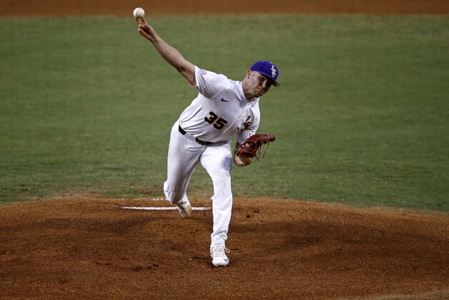 LSU pitcher Alex Lange (35) pitces in the first inning of an NCAA college baseball tournament super regional game against Mississippi State in Baton Rouge, La., Saturday, June 10, 2017. (AP Photo/Gerald Herbert) LSU pitcher Alex Lange (35) pitces in the first inning of an NCAA college baseball tournament super regional game against Mississippi State in Baton Rouge, La., Saturday, June 10, 2017. (AP Photo/Gerald Herbert)