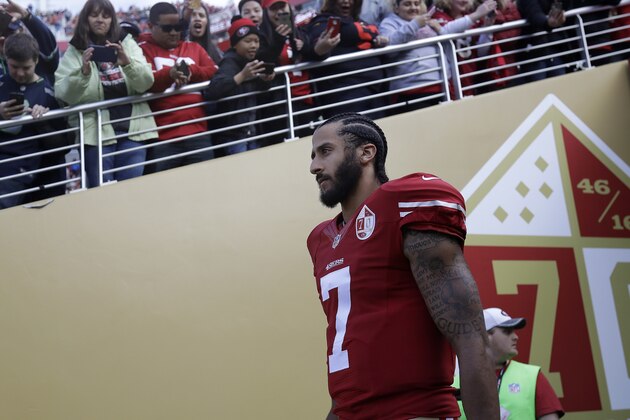 San Francisco 49ers quarterback Colin Kaepernick (7) walks out of a tunnel before an NFL football game against the Seattle Seahawks in Santa Clara, Calif., Sunday, Jan. 1, 2017. (AP Photo/Marcio Jose Sanchez)
