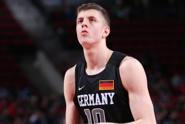PORTLAND, OR - APRIL 7: Isaiah Hartenstein #10 of the World Select Team shoots against the USA Junior Select Team during the game on April 7, 2017 at the MODA Center Arena in Portland, Oregon. NOTE TO USER: User expressly acknowledges and agrees that, by downloading and or using this photograph, User is consenting to the terms and conditions of License Agreement. Mandatory Copyright Notice: Copyright 2017 NBAE (Photo by Sam Forencich)