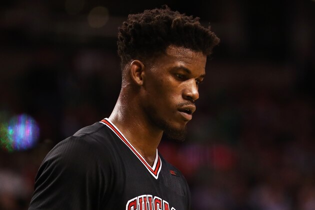 BOSTON, MA - APRIL 26: Jimmy Butler #21 of the Chicago Bulls looks on during the third quarter of Game Five of the Eastern Conference Quarterfinals against the Boston Celtics at TD Garden on April 26, 2017 in Boston, Massachusetts. NOTE TO USER: User expressly acknowledges and agrees that, by downloading and or using this Photograph, user is consenting to the terms and conditions of the Getty Images License Agreement. (Photo by Maddie Meyer/Getty Images)