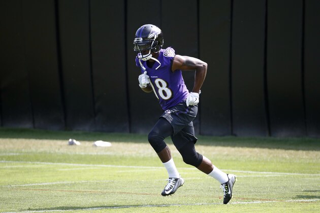 Baltimore Ravens wide receiver Jeremy Maclin runs a drill during NFL football minicamp at the team's practice facility in Owings Mills, Md., Thursday, June 15, 2017. (AP Photo/Patrick Semansky)