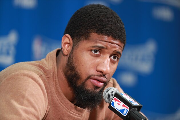 INDIANAPOLIS, IN - APRIL 23: Paul George #13 of the Indiana Pacers speaks during the post-game press conference after the game against the Cleveland Cavaliers during Game Four of the Eastern Conference Quarterfinals of the 2017 NBA Playoffs on April 23, 2017 at Bankers Life Fieldhouse in Indianapolis, Indiana. NOTE TO USER: User expressly acknowledges and agrees that, by downloading and or using this photograph, User is consenting to the terms and conditions of the Getty Images License Agreement. Mandatory Copyright Notice: Copyright 2017 NBAE (Photo by Jeff Haynes/NBAE via Getty Images)