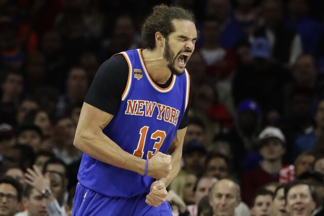 New York Knicks' Joakim Noah in action during an NBA basketball game against the Philadelphia 76ers, Wednesday, Jan. 11, 2017, in Philadelphia. (AP Photo/Matt Slocum)