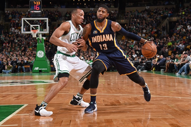 BOSTON, MA - MARCH 22: Paul George #13 of the Indiana Pacers drives to the basket during the game against the Boston Celtics on March 22, 2017 at the TD Garden in Boston, Massachusetts.  NOTE TO USER: User expressly acknowledges and agrees that, by downloading and or using this photograph, User is consenting to the terms and conditions of the Getty Images License Agreement. Mandatory Copyright Notice: Copyright 2017 NBAE  (Photo by Brian Babineau/NBAE via Getty Images)