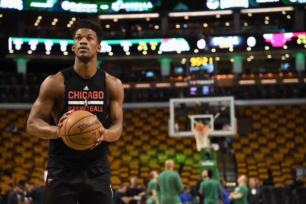 BOSTON, MA - APRIL 26:  Jimmy Butler #21 of the Chicago Bulls warms up before the game against the Boston Celtics during Game Five of the Eastern Conference Quarterfinals of the 2017 NBA Playoffs on April 26, 2017 at TD Garden in Boston, MA. NOTE TO USER: User expressly acknowledges and agrees that, by downloading and or using this Photograph, user is consenting to the terms and conditions of the Getty Images License Agreement. Mandatory Copyright Notice: Copyright 2017 NBAE (Photo by Brian Babineau/NBAE via Getty Images)