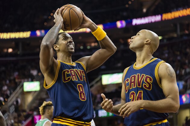 CLEVELAND, OH - NOVEMBER 03: Channing Frye #8 of the Cleveland Cavaliers and Richard Jefferson #24 pause on the court during the first half at Quicken Loans Arena against the Boston Celtics on November 3, 2016 in Cleveland, Ohio. The Cavaliers defeated the 128-122. NOTE TO USER: User expressly acknowledges and agrees that, by downloading and/or using this photograph, user is consenting to the terms and conditions of the Getty Images License Agreement. Mandatory copyright notice. (Photo by Jason Miller/Getty Images)