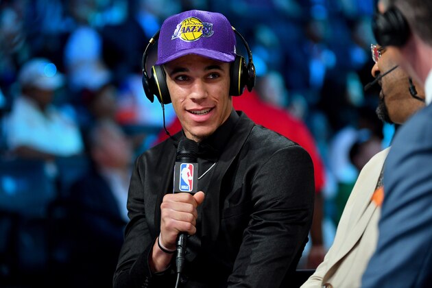 BROOKLYN, NY - JUNE 22:   Lonzo Ball talks to the media after being the second overall pick by the Los Angeles Lakers in the 2017 NBA Draft on June 22, 2017 at Barclays Center in Brooklyn, New York. NOTE TO USER: User expressly acknowledges and agrees that, by downloading and or using this photograph, User is consenting to the terms and conditions of the Getty Images License Agreement. Mandatory Copyright Notice: Copyright 2017 NBAE (Photo by Jesse D. Garrabrant/NBAE via Getty Images)