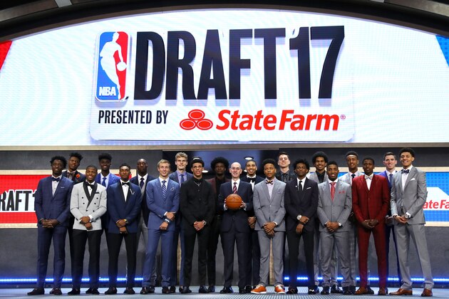 NEW YORK, NY - JUNE 22:  Potential first round draft picks Front Row (L-R) - OG Anunoby, Dennis Smith, Malik Monk, Luke Kennard, Lonzo Ball, Markelle Fultz, De'aaron Fox, Frank Ntilikina, Justin Jackson, Back Row (L-R) Bam Adebayo, Jonathan Isaac, Justin Patton, Lauri Markkanen, Jayson Tatum, Josh Jackson, Zach Collins, Donovan Mitchell and TJ Leaf pose with NBA commissioner Adam Silver on stage before the first round of the 2017 NBA Draft at Barclays Center on June 22, 2017 in New York City. NOTE TO USER: User expressly acknowledges and agrees that, by downloading and or using this photograph, User is consenting to the terms and conditions of the Getty Images License Agreement.  (Photo by Mike Stobe/Getty Images)