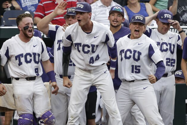 TCU players, including Evan Skoug (9), Brian Howard (44) and Durbin Feltman (15), cheer after the team scored two runs during the second inning of an NCAA College World Series baseball game against Louisville in Omaha, Neb., Thursday, June 22, 2017. (AP Photo/Nati Harnik)