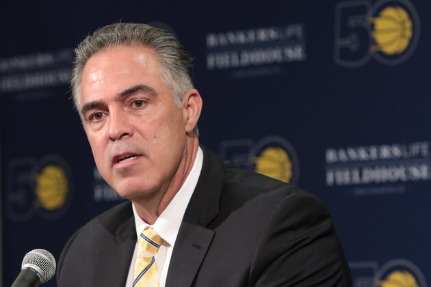 INDIANAPOLIS, IN - MAY 01:  Kevin Pritchard speaks during a press conference where the Indiana Pacers introduce him as the new President of Basketball Operations at Bankers Life Fieldhouse on May 1, 2017 in Indianapolis, Indiana. NOTE TO USER: User expressly acknowledges and agrees that, by downloading and or using the photograph, User is consenting to the terms and conditions of the Getty Images License Agreement. (Photo by Ron Hoskins/Getty Images)